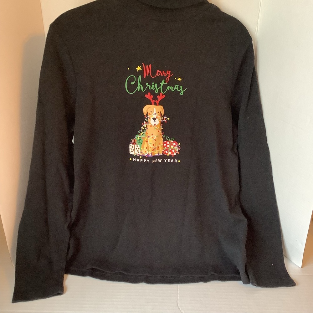 Time And Tru Merry Christmas Dog Long Sleeve Top Black Size Large